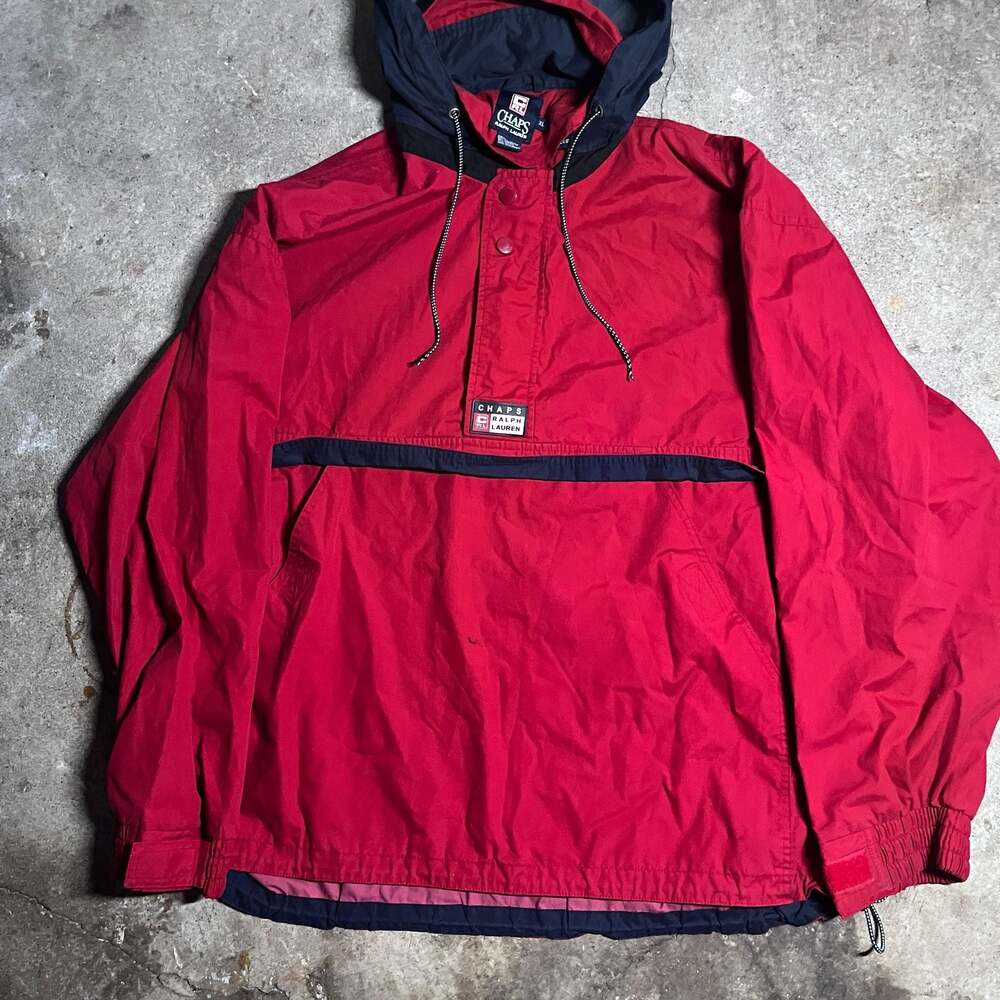 Vintage Chaps Ralph Lauren Red and Navy Hooded Windbreaker Anorak Jacket XL